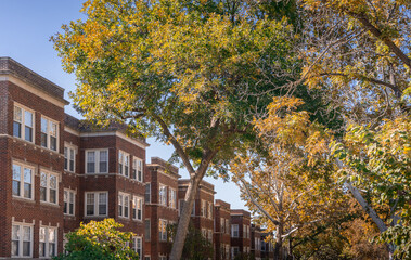 Apartment buildings in fall in DeMun St. Louis Missouri Midwest USA