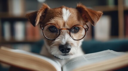 A dog donning a pair of glasses is engaged in reading a book in a library. The serene atmosphere of the library is accentuated by the books surrounding the dog.
