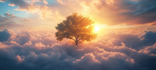 Fototapeta premium A vibrant depiction of a tree growing tall through the clouds, with branches reaching towards a glowing sun, representing growth and achievement