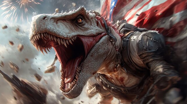 A powerful dinosaur adorned with an American flag and equipped for combat roars amidst a chaotic battlefield, symbolizing strength and patriotism. - Powered by Adobe