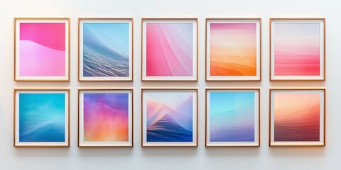 Fototapeta premium wall with gallery of framed colorful art work on a white wall interior