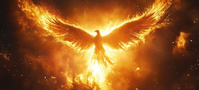 An illustration of a phoenix rising from the ashes, with its wings spread wide and flames surrounding it, symbolizing rebirth and rising to new heights