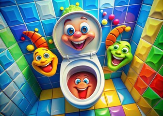 Humorous Cartoon Drawing of a Toilet with Fun Expressions and Colorful Features in a Lighthearted Style