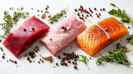 Fresh salmon tuna and cod fillets with herbs and spices on white background