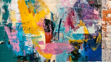 A chaotic abstract painting with bright colors and aggressive brushstrokes, set against an exposed brick wall in a New York loft apartment