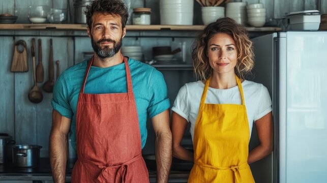 This image features chefs in vibrant aprons standing confidently in a kitchen with contemporary decor, capturing the essence of modern culinary professionalism.