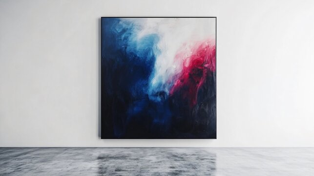 A dramatic abstract painting with dark blues and deep reds, hung on a white gallery wall background with polished concrete floors