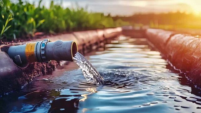 Irrigation water flowing through pipe, agricultural field irrigation system, fresh water supply, farming sustainability.