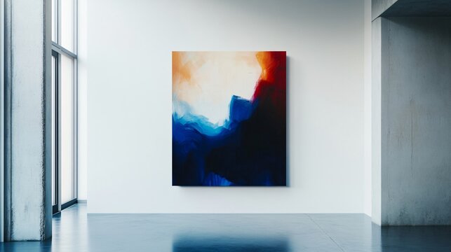 A dramatic abstract painting with dark blues and deep reds, hung on a white gallery wall background with polished concrete floors