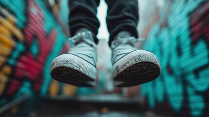This close-up photo showcases the worn soles of a person’s sneakers, with a vibrant graffiti-covered alleyway in the backdrop. The image emphasizes urban lifestyle and street culture.