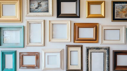 A variety of photo frames displayed in a grid pattern on a wall, creating a visually appealing arrangement