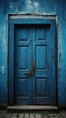 Closed blue wooden door set into faded blue walls, showing signs of age and wear