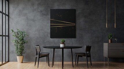 A minimalist abstract painting with thin gold lines on a black canvas, displayed against a matte grey wall in a modern dining room