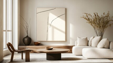 A minimalist abstract piece with thin black lines crossing a cream-colored canvas, displayed in a contemporary living room with minimalist furniture