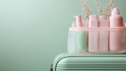 An elegant travel cosmetic kit featuring pastel pink bottles and a mint green suitcase, showcasing an organized and aesthetically pleasing arrangement for beauty and hygiene on the go.