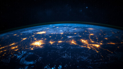 Fototapeta premium A view of the Earth at night, with the stars and lights of the cities below