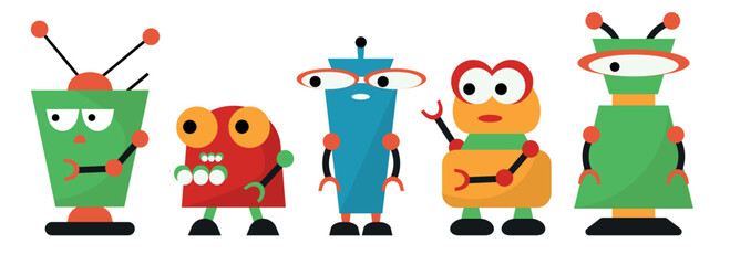 Set of funny robot characters in cartoon style. Vector illustration of beautiful robots with different emotions and poses: eyes, one eye, antennae, mechanical hands isolated on white background.