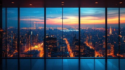cityscape view from a panoramic window, featuring urban skyline architecture, modern buildings, and a horizon perspective for a perfect room design
