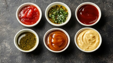 Set of various sauces. Popular sauces in bowls - ketchup, mustard, mayonnaise on dark stone table. Top view with copy space. Flat lay 