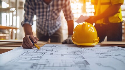 builders and workers on a construction site, engaged in collaboration and review of housing plans, ensuring precise planning and teamwork for successful project execution