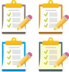 vector cartoon Clipboard icons set with green checkmarks and orange pencil isolated on transparent background. Checklist vector flat style symbol collection. to do list logo