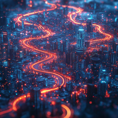 Obraz premium A cityscape with a long, curving road that is lit up with red lights