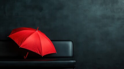 A striking red umbrella rests on a sleek black leather seat, set against a dark textured wall, illustrating a dramatic contrast between vibrancy and darkness.