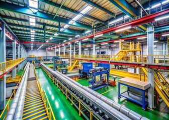 Obraz premium Industrial factory interior with machinery, conveyor belt, and equipment for production processes