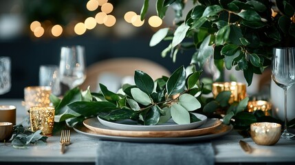   Table topped with green plate and vase of green flowers with candles