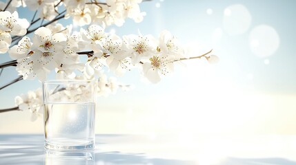   A glass filled with water, adjacent to blooming cherry blossoms, under a clear blue sky on a sunny day