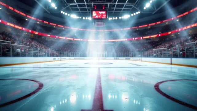 Hockey stadium with fans crowd and an empty ice rink.