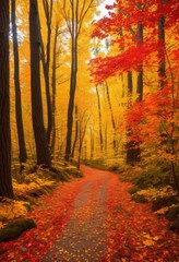 Fototapeta premium vibrant leaves blanketing forest trail rich fall colors how create stunning landscape during autumn, nature, foliage, scenic, path, woodland, trees, sunlight
