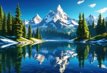 majestic snow capped peaks reflected serene crystal clear alpine lake surrounded lush green pines under bright blue sky, mountain, summit, reflection, nature