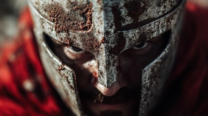 A detailed close-up of a knight’s face is mostly covered by a helmet visor, showcasing the armor’s intricate design and the intense focus of the warrior ready for battle.