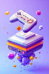 Abstract flying video game console and controller in the air. Purple background.