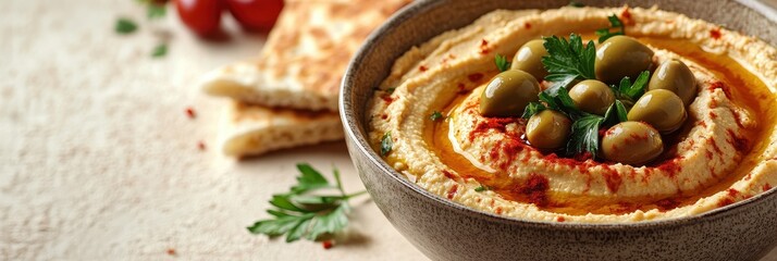 Delicious hummus garnished with olives and herbs, served in a rustic bowl. Perfect for Mediterranean cuisine lovers, background with copy space