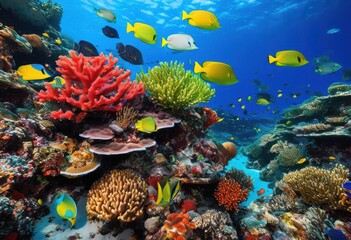 Fototapeta premium colorful vibrant coral reefs full diverse marine life rich ecosystems under crystal clear waters, underwater, fish, habitat, ocean, seaweed, anemone, mollusk