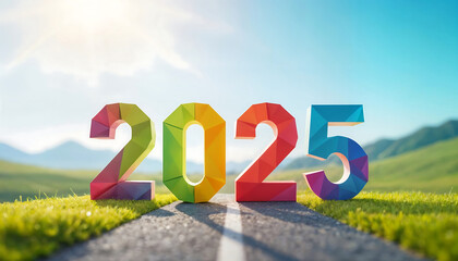 2025 chiffres origami colorés dans un magnifique paysage, symbolisant la joie vers l'avenir