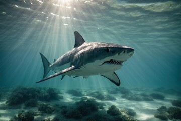 Fototapeta premium underwater shark swimming under sun light