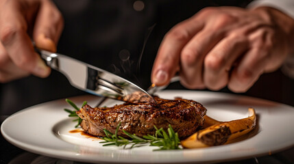 Hardened male hands grip a silver knife and fork, poised to cut into a perfectly fried piece of meat, beautifully presented on a white round plate.