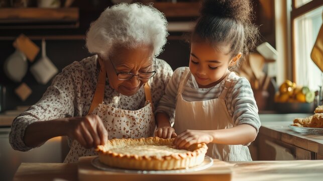 African American grandmother teaches grandchildren to bake traditional Thanksgiving pie. Family traditions, holiday, cooking.