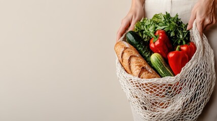 A string netted bag contains fresh produce such as red bell peppers, cucumber, fresh greens, and a loaf of bread, highlighting a sustainable shopping choice.