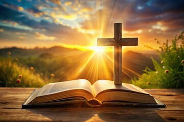 Inspiring Bible Study Graphic with Open Bible, Cross, and Soft Light for Faith-Based Projects