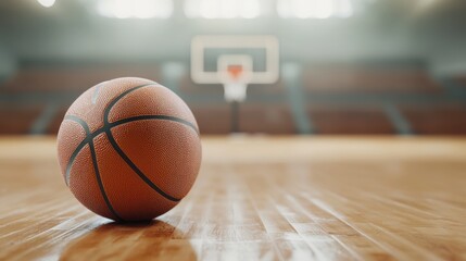Detailed 3D Render of Basketball on Hardwood Court with Blurred Hoop in Background