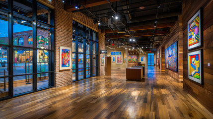 A large room with a lot of paintings on the walls. The paintings are of different sizes and styles. The room is very spacious and has a lot of natural light coming in through the windows