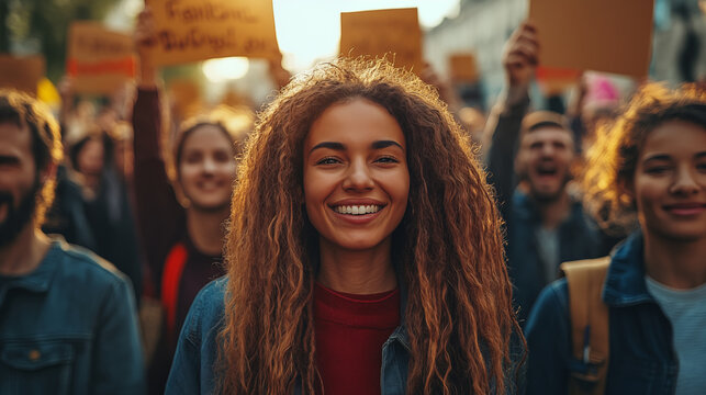 Young woman with curly hair smiling at protest, activism concept