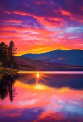 Fototapeta premium vibrant sunrise glow reflecting over serene landscape rolling hills colorful sky, aerial, panorama, view, elevation, mist, fog, illumination, morning, dawn