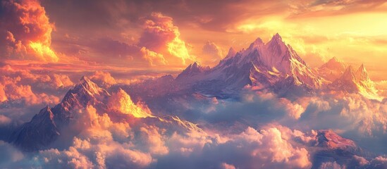 Naklejka premium Surreal 3D landscape illustration featuring peaks and mountains set against a dramatic cloud filled sky