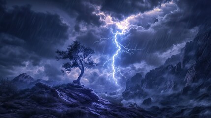 A lightning bolt illuminates a stormy mountain as a tree struggles against the fierce wind.