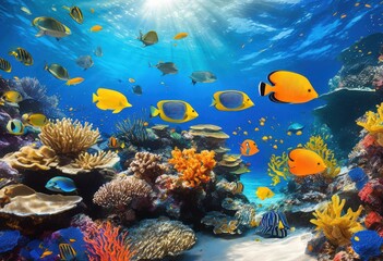 Naklejka premium vibrant underwater scene showcasing diverse array marine species lively colors textures, ocean, fish, coral, reef, sea, aquatic, plankton, algae, habitat